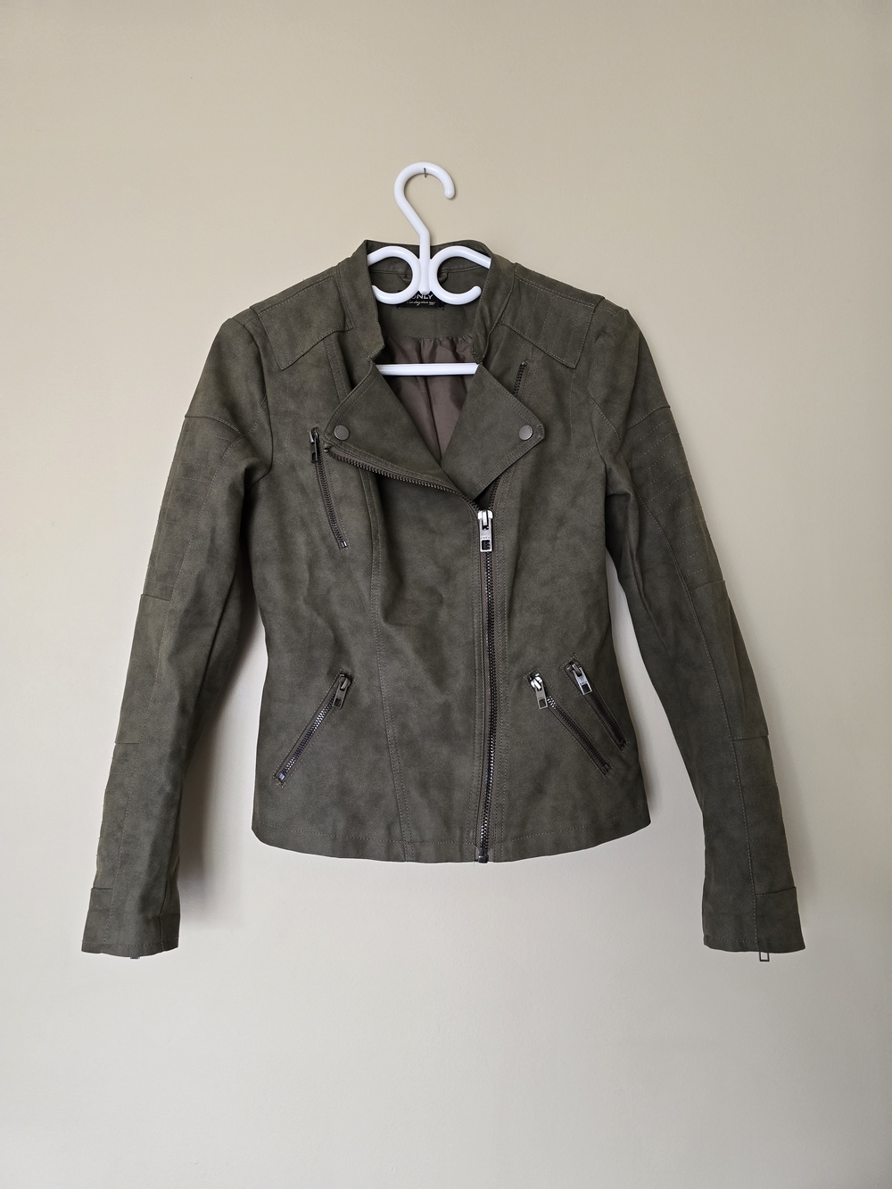 ONLY Onlava Faux Suede Leather Biker Jacket Olive Green Size 6